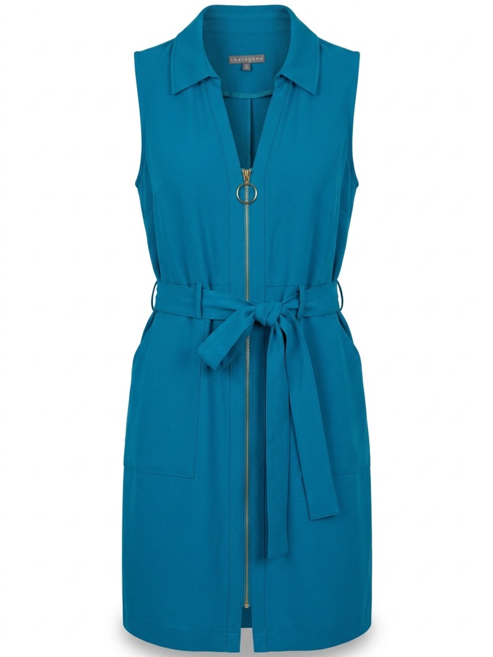 Sleeveless Teal Zip-Front Belted Dress